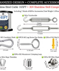 Stainless steel cable kit with 165FT wire, turnbuckles, carabiners, eye hooks, anchors for outdoor projects.