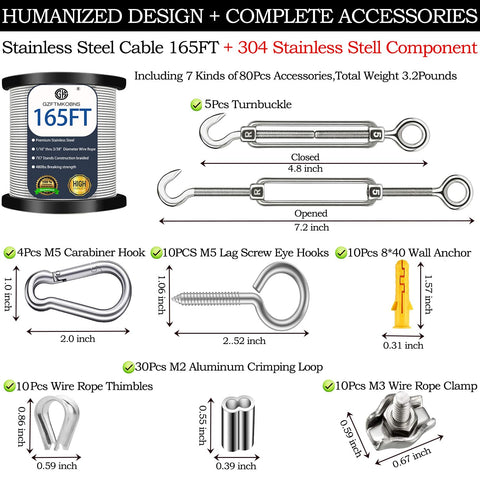 Stainless steel cable kit with 165FT wire, turnbuckles, carabiners, eye hooks, anchors for outdoor projects.