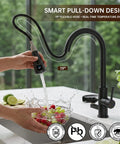 Commercial Grade Kitchen Workstation Faucet with Glass Rinser & LED, black finish, 19" hose, pouring water over fruit.