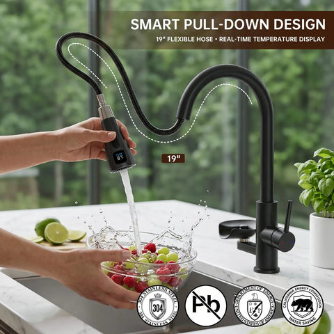 Commercial Grade Kitchen Workstation Faucet with Glass Rinser & LED, black finish, 19" hose, pouring water over fruit.