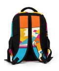 Back view of vibrant dual tone orange cyan patchwork cow print unisex backpack, polyester, large capacity, smooth zipper.