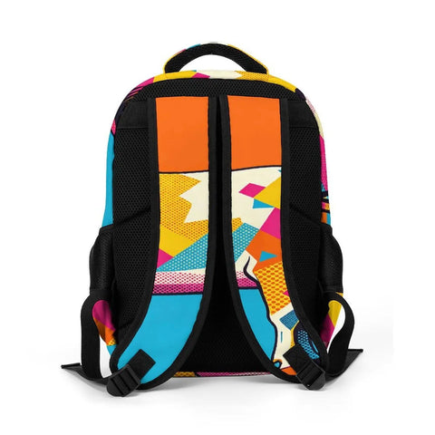Back view of vibrant dual tone orange cyan patchwork cow print unisex backpack, polyester, large capacity, smooth zipper.
