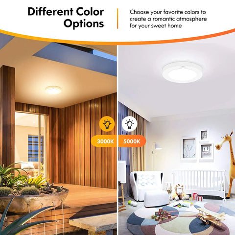 Motion Sensor LED Ceiling Light Pack Of 4, 1200 Lumen, 15W 100W Eq shown in 3000K and 5000K color options for indoor spaces.