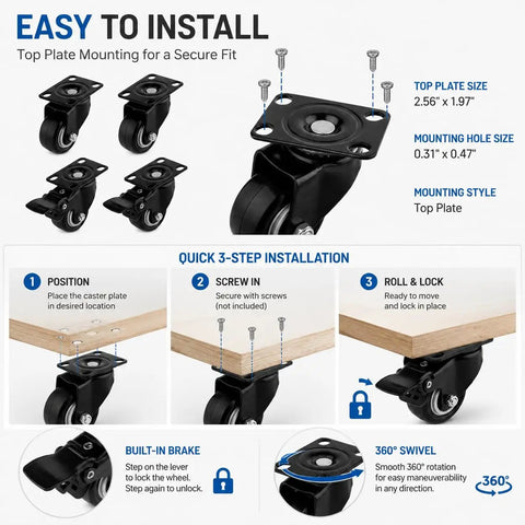 Four Piece Black Swivel Caster Wheel Set Rolls Slick And Tackles Heavy Gear With Zero Sweat Featuring Plate Mount Brackets And Two Foot Brake Locks Paired With Two Free Spinning Units For Any Shop Project