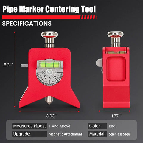 Heavy Duty Magnetic Pipe Center Finder With Built In Spring Punch Layout Tool auto level and specifications in red stainless steel.