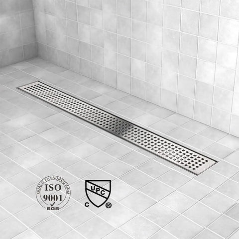 Bathroom with 24 Inch Linear Shower Drain With Removable Grate Cover, AISI 304 Stainless Steel, Hair Catcher, installed on tile floor