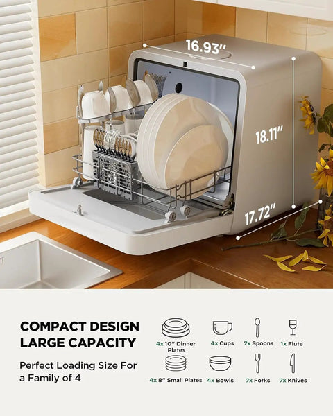 No Fuss Portable Countertop Dishwasher With Smart App Control And Built In Water Tank Excellent For Tiny Apartments Or RV Adventures features a compact design with large capacity for a family of 4.
