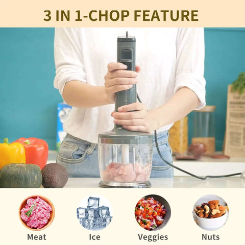 Heavy Duty Handheld Immersion Blender With 300 Watt Motor And Ultra Quiet Operation blending meat, ice, veggies, and nuts in kitchen.