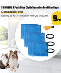 Image of 9 Pack Blue Cloth Reusable Dry Filter Bags For Stanley Shop Vac 1 To 5 Gallon Wet And Dry Vacuums with bands and tool.