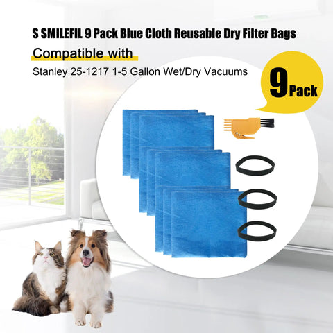 Image of 9 Pack Blue Cloth Reusable Dry Filter Bags For Stanley Shop Vac 1 To 5 Gallon Wet And Dry Vacuums with bands and tool.