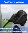 Magnetic EV Charging Port Cover Locks Tight To Shield From Nasty Winter Weather Heavy Duty Waterproof Oxford Fabric Blocks Snow Ice And Grit UV Proof For Road Warriors Everyday Black with Velcro closure.