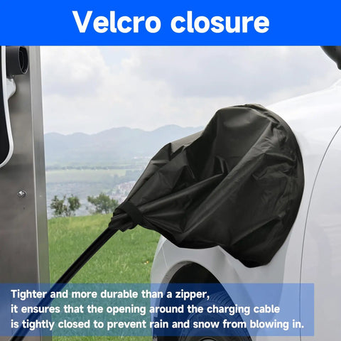 Magnetic EV Charging Port Cover Locks Tight To Shield From Nasty Winter Weather Heavy Duty Waterproof Oxford Fabric Blocks Snow Ice And Grit UV Proof For Road Warriors Everyday Black with Velcro closure.