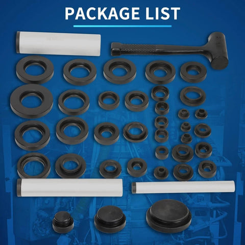 37 Piece Sealed Bearing Mounting Kit With Oil Seal Installation Tools laid out, including impact sleeves and universal fit components