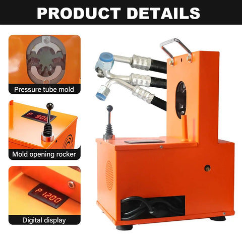 Heavy Duty Electric Hydraulic Hose Crimper For Auto And AC Lines 1200 Watt 110 Volt showing pressure tube mold and digital display.