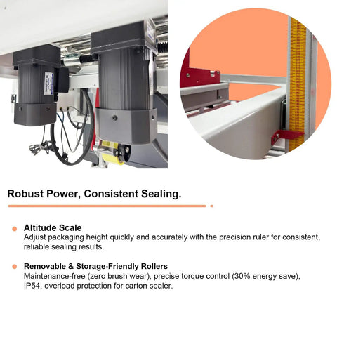 Top Shelf Automatic Carton Sealer And Tape Strapping Machine Secures Shipping Cases With Ease Hassle Free Sizing Smooth Running Industrial 110V Power equipment with precision ruler and power motors.