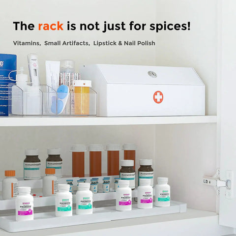 Three Tier Expandable Spice Rack Organizer For Cabinet And Countertop Fully Adjustable Width Design Dead Simple Pantry Layout White Matte Finish displaying vitamins and small items on shelves.