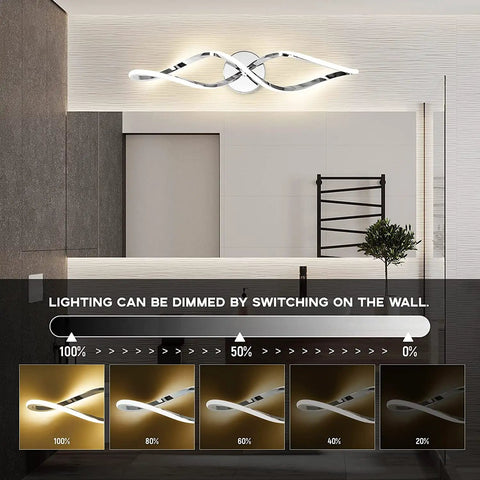 Modern Dimmable Vanity Light Fixtures Warm 3000K Waterproof And Rustproof Wall Sconces For Above Mirror Bathroom And Living Room Bedroom Ambience Energy Saving LED Glow showcased in dimmable settings above mirror.