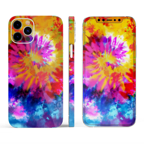 Full Body Skin Wrap Kit for iPhone 11 With Spiral Tie Dye Design, colorful tie-dye pattern on iPhone skin back and front view