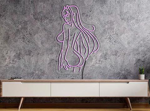 Purple Zero Two Anime Neon Sign LED Indoor Wall Light For Home Decor Party Wedding Restaurant Shop Accent 60x36cm, Customizable Neon Light, Ideal Gift For Anime Fans, on grey wall above console table