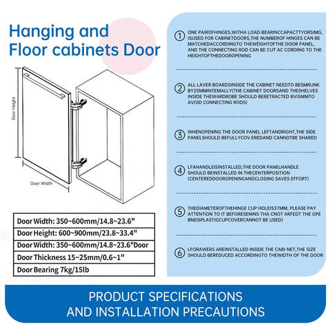 Diagram showing installation and specifications for floor and hanging cabinets with measurements and door positioning instructions.