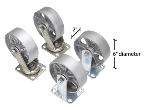 Four Pack Semi Steel Plate Caster Set With 6 Inch Wheels For Self Dumping Hoppers Two Rigid And Two Swivel Cast Iron Tread