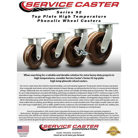 12 Inch Beefy Swivel Top Plate Caster Set With Heavy Duty Phenolic Wheels, High Temp Performance Casters, 4 Piece Display