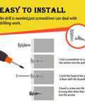 100 Piece Zinc Self Drilling Drywall Anchors And Screws Kit With 50 Heavy Duty Hollow Metal Anchors And 50 Size 8 And One Quarter Inch Screws For Secure Sheetrock Mounts And Durable Quick Installations showing easy installation steps with screwdriver