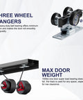 Close-up view of the three wheel hangers and track from the 4 Ft Bypass Door Hardware Kit For Closet Doors, Top Mounted Track System In Black.