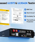 48V 100Ah LiFePO4 Battery With Bluetooth For Solar Storage And Home Backup Power showing UL1973 UL9540A test certifications.