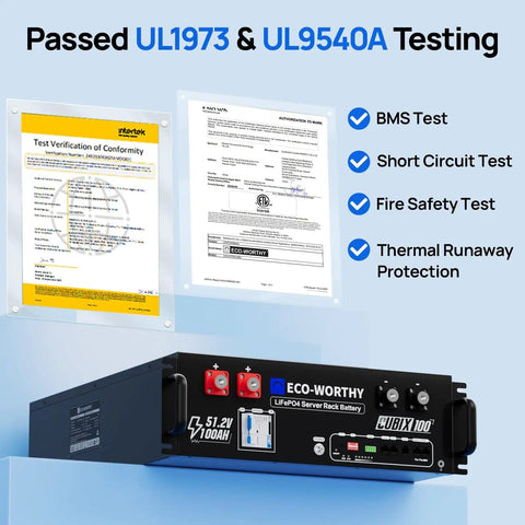 48V 100Ah LiFePO4 Battery With Bluetooth For Solar Storage And Home Backup Power showing UL1973 UL9540A test certifications.