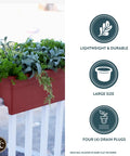 Deck Rail Planter Box 24 Inch With Drainage Plug Lightweight UV Resistant Plastic Outdoor Planter for 2x4 and 2x6 rails, clay