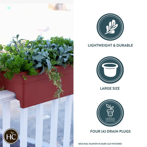 Deck Rail Planter Box 24 Inch With Drainage Plug Lightweight UV Resistant Plastic Outdoor Planter for 2x4 and 2x6 rails, clay