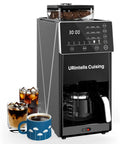 Compact Automatic Coffee Maker With Built In Grinder, Programmable Grind And Brew Kit, sleek design with coffee cups and iced drinks.