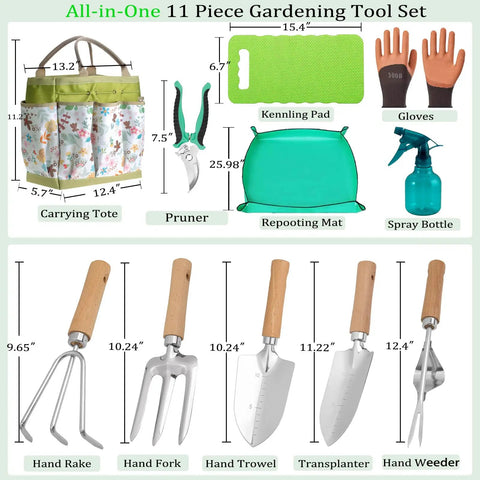 11 Piece Heavy Duty Garden Tool Set With Rust Resistant Stainless Steel Tools And A Durable Stylish Tote Organizer for garden care.