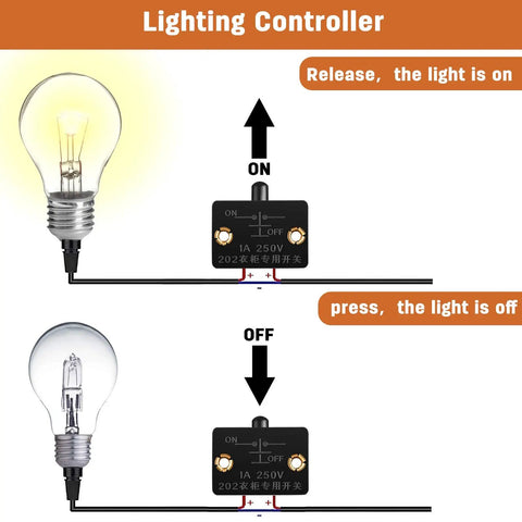 Lighting controller switch demonstrating ON and OFF functions with light bulbs, suitable for Badass Cabinet Door Switches For Closet Light With Auto Magnetic Trigger 8 Pack.