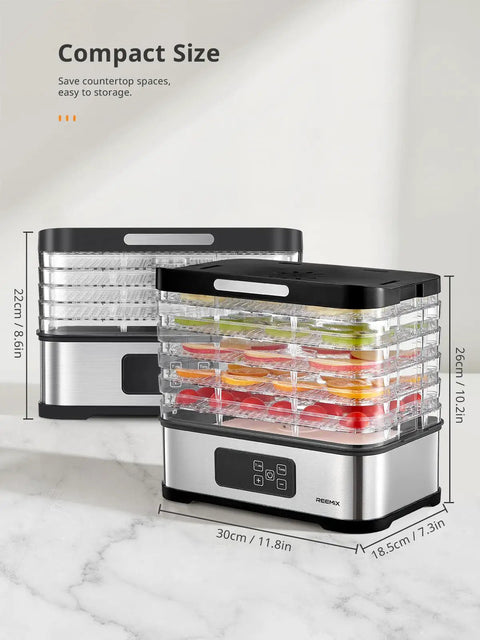 Totally Nifty Compact 5 Tier Food Dehydrator With Bpa Free Trays, showing dimensions and compact design for kitchen countertops.