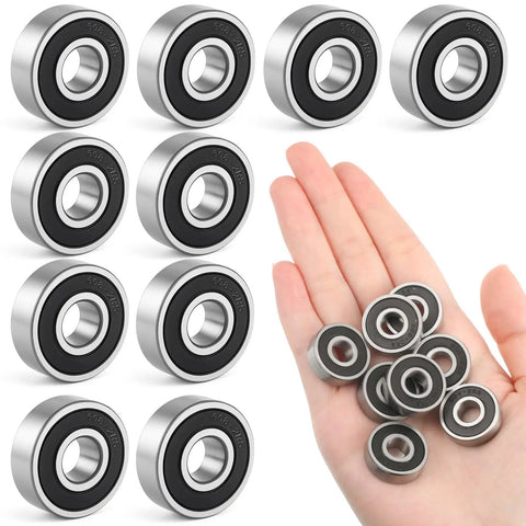 Hand holding 10-Pack 608-RS Ball Bearings With Double Rubber Seals For Skateboards Inline Skates Scooters Roller Blades And Longboards, Pro Grade Deep Groove Bearings For Smooth Spin And Lasting Durability, 8mm x 22mm x 7mm; stainless steel design