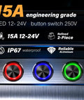 Double Pack 16mm 15A Latching Push Button Switch 12 To 24V Black Shell IP67 Waterproof With Red LED Angel Eye Light On Off And Wire Socket Ideal For Automotive Marine ATV And DIY Projects, three illuminated buttons