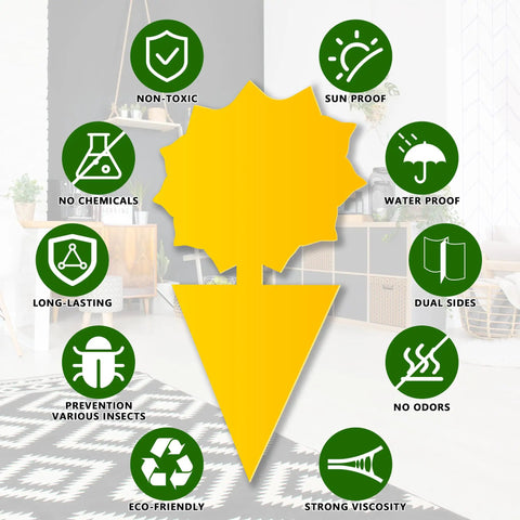 Ultra Thick Yellow Sticky Traps For Fruit Flies And Fungus Gnats With 48 Pack showcasing features like non-toxic, waterproof, and dual-sided design.