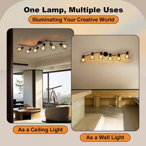6 Light Track Lighting Fixture With Adjustable Heads In Black Wire Cage Dope Industrial Farmhouse Style Ceiling Mount E26 Base
