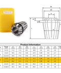 Diagram and specifications of a 14Piece ER20 Spring Collet Set For CNC Milling Lathe Chuck Tools with yellow case and chart