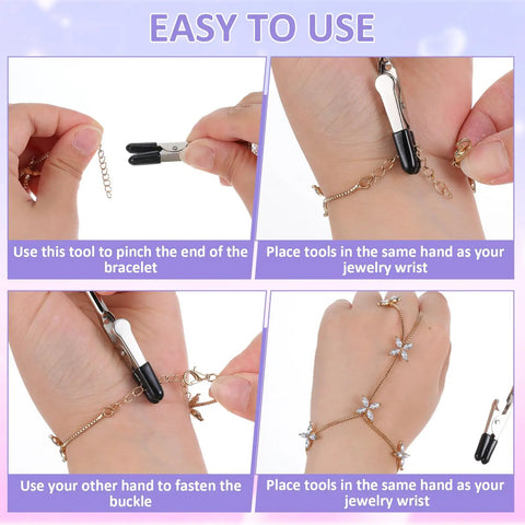 2 In 1 Bracelet Helper Tool With Non Slip Rubber Tips And Quick Release Hook Clasp Jewelry Closure Aid For Bracelets Necklaces Zippers And Watches Handy Portable Pocket Size And Easy To Carry shown in use for bracelets