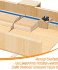 Crosscut Table Saw Sled Kit With Aluminum T Tracks And UHMW Miter Bars, 21 Piece, showing wood piece and saw blade cut