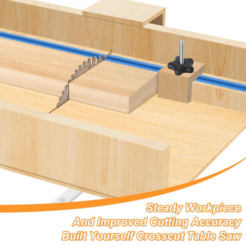 Crosscut Table Saw Sled Kit With Aluminum T Tracks And UHMW Miter Bars, 21 Piece, showing wood piece and saw blade cut