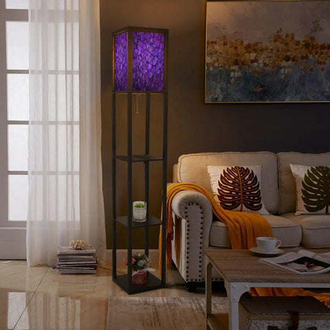 Three In One Floor Lamp With Shelves And USB Ports Power Outlet, Linen Fabric Shade, Corner Standing Light for Living Room