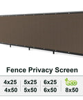 Privacy Fence Screen For Patio And Backyard 6X50 Ft Heavy Duty Mesh Net Cover With Grommets Brown displayed on fence with size options