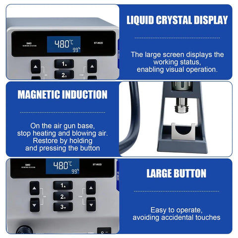 Pro Grade 1000W Hot Air Rework Station With Intelligent Digital Display For Fast Desoldering BGA Rework PCB Soldering Auto Sleep All In One Tool includes close-up of LCD screen and controls