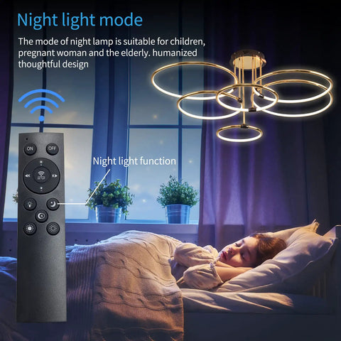 Dimmable 90W LED Ceiling Chandelier With Remote Control, Dope Gold Six Ring Flush Mount Light Fixture in bedroom night mode