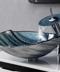 Game Changing Shell Shape Vessel Sink With Tempered Glass Bathroom Vanity Basin, Includes Faucet And Pop Up Drain, above counter sink in use with flowing water.