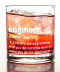Engineering Themed Whiskey Glass Gift For Men 10 Oz Rocks Glass For Whiskey Scotch Bourbon And Cocktails Perfect Gift For Engineers Techies And Gearheads featuring humorous engineer definition with drink and ice.